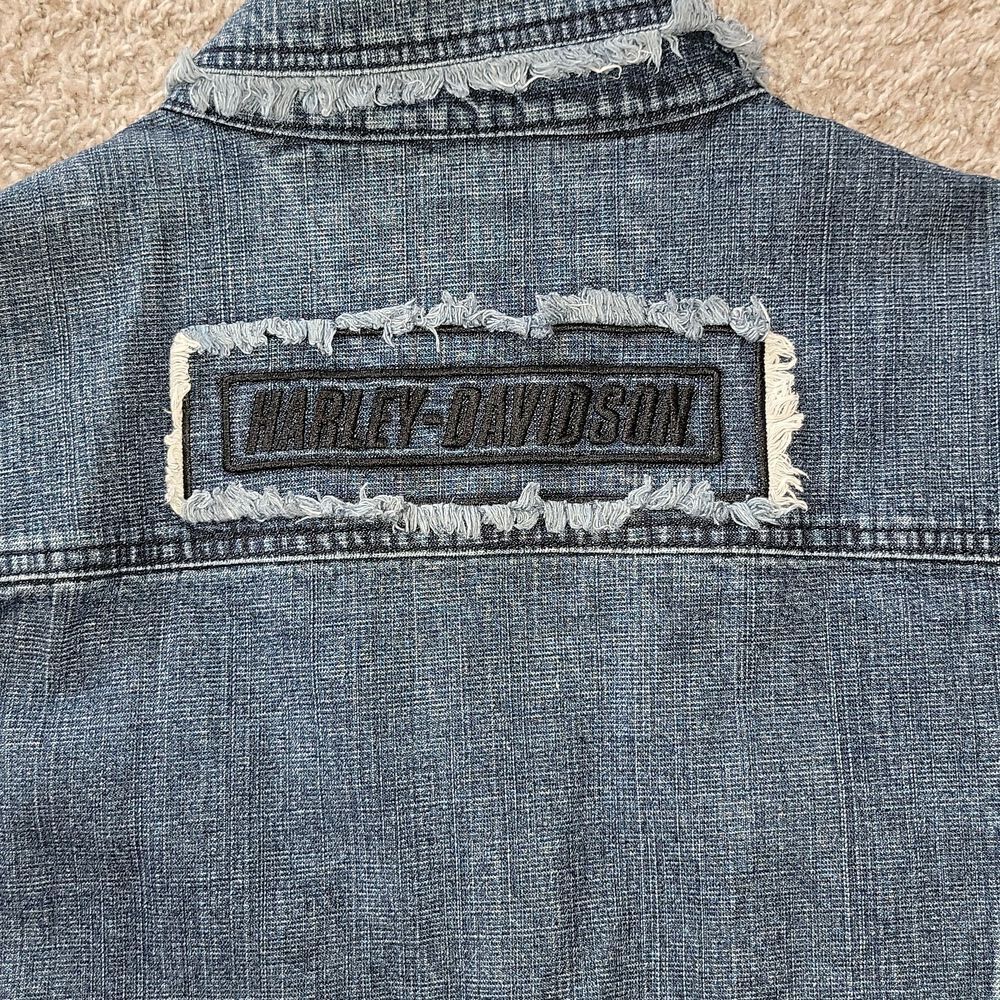 Harley-Davidson HD Denim Jacket Frayed Raw Edges Logo Moto Hippie Y2K Rare XL - Picture 6 of 13